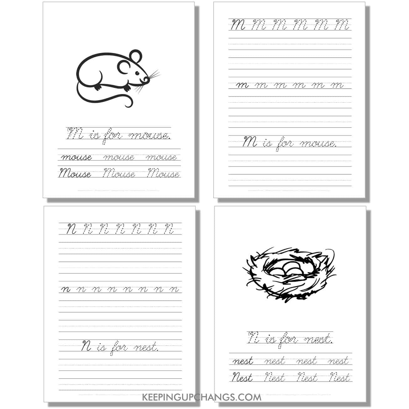 cursive worksheet with uppercase, lowercase letters, sentence for m ,n.