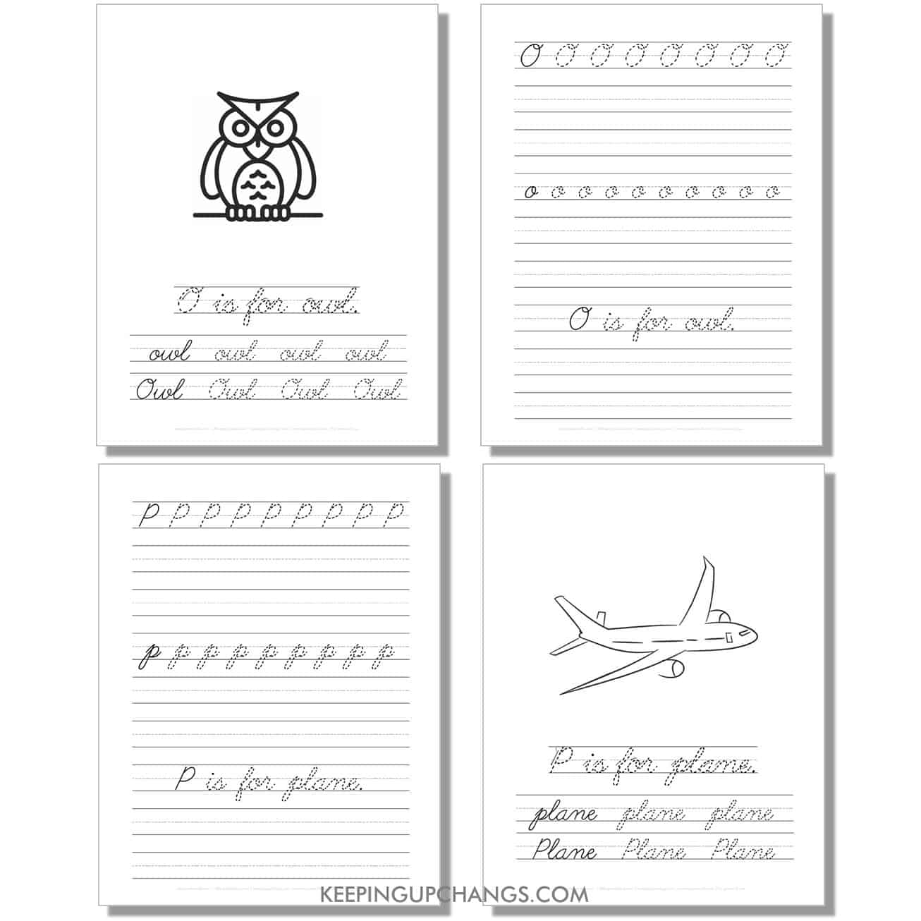 cursive worksheet with uppercase, lowercase letters, sentence for o, p.