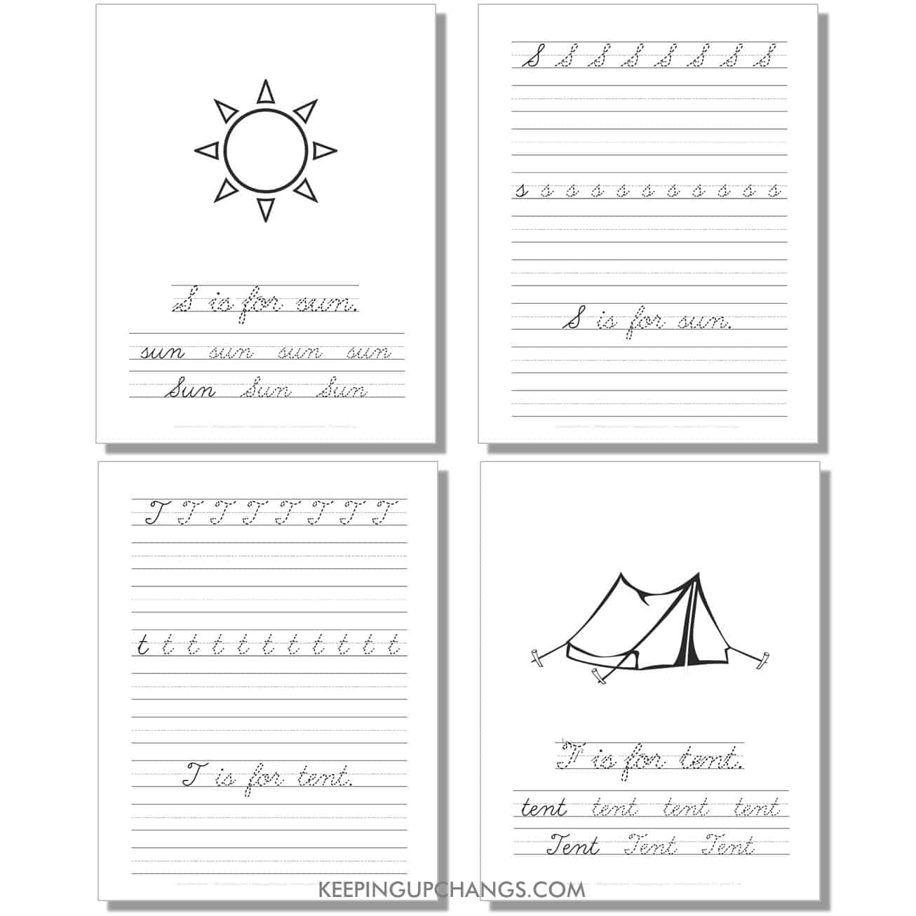 cursive worksheet with uppercase, lowercase letters, sentence for s, t.