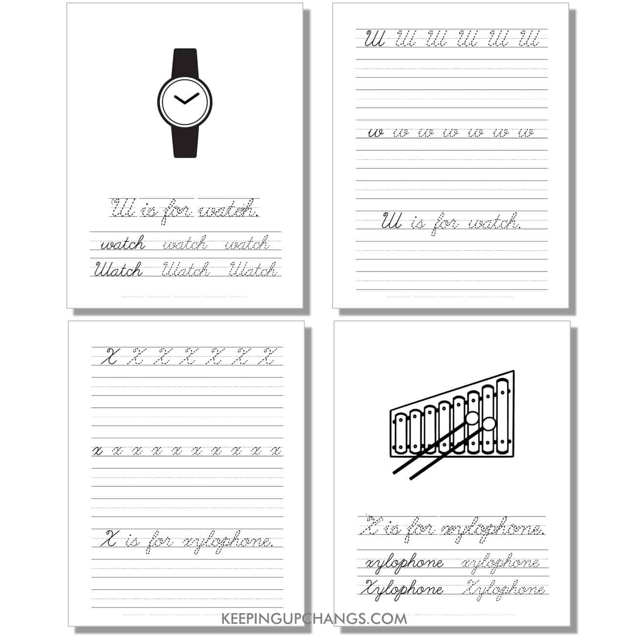 cursive worksheet with uppercase, lowercase letters, sentence for w, x.