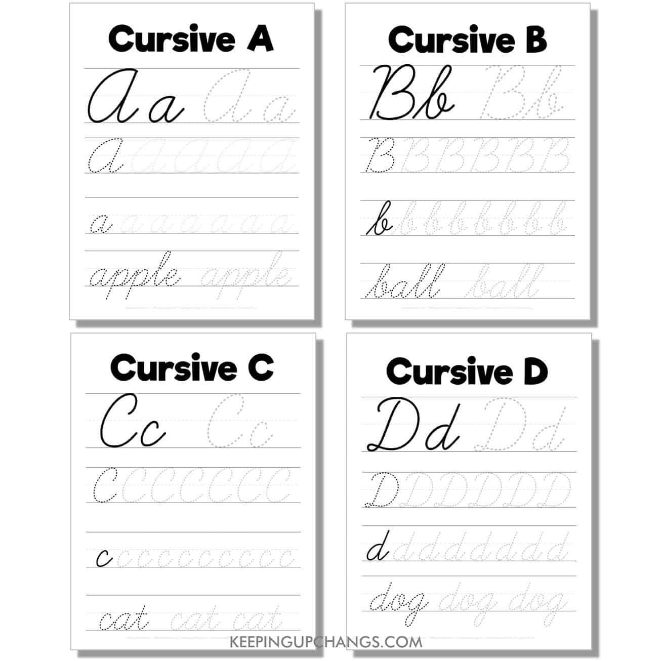 cursive worksheet with large uppercase, lowercase letters, word for a, b, c, d.