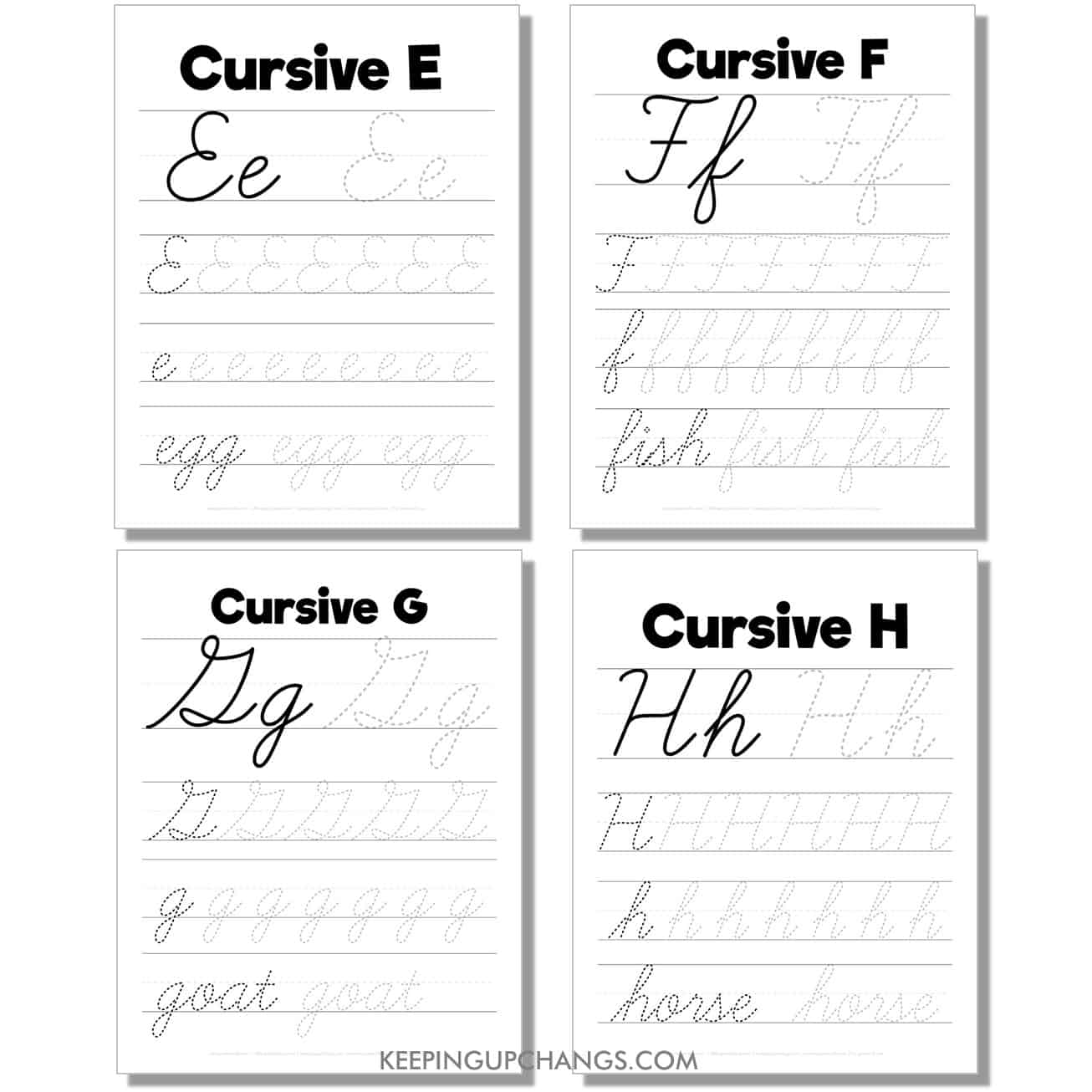 cursive worksheet with large uppercase, lowercase letters, word for e, f, g, h.