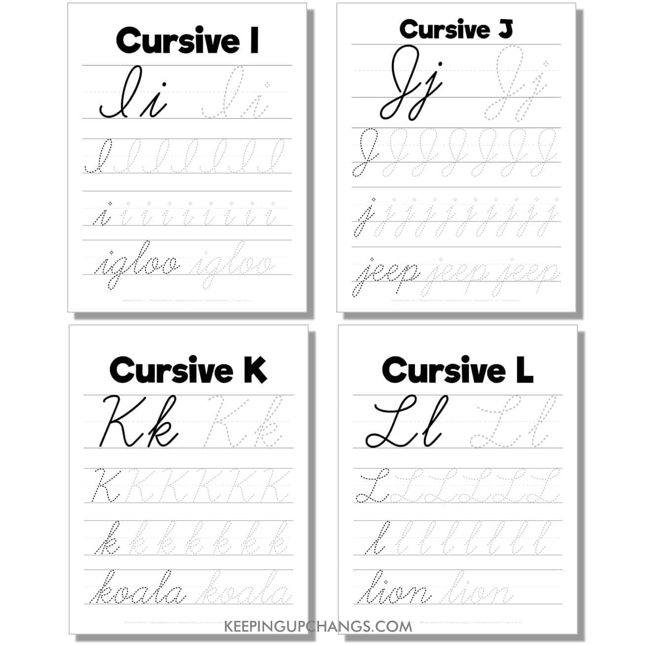 cursive worksheet with large uppercase, lowercase letters, word for i, j, k, l.