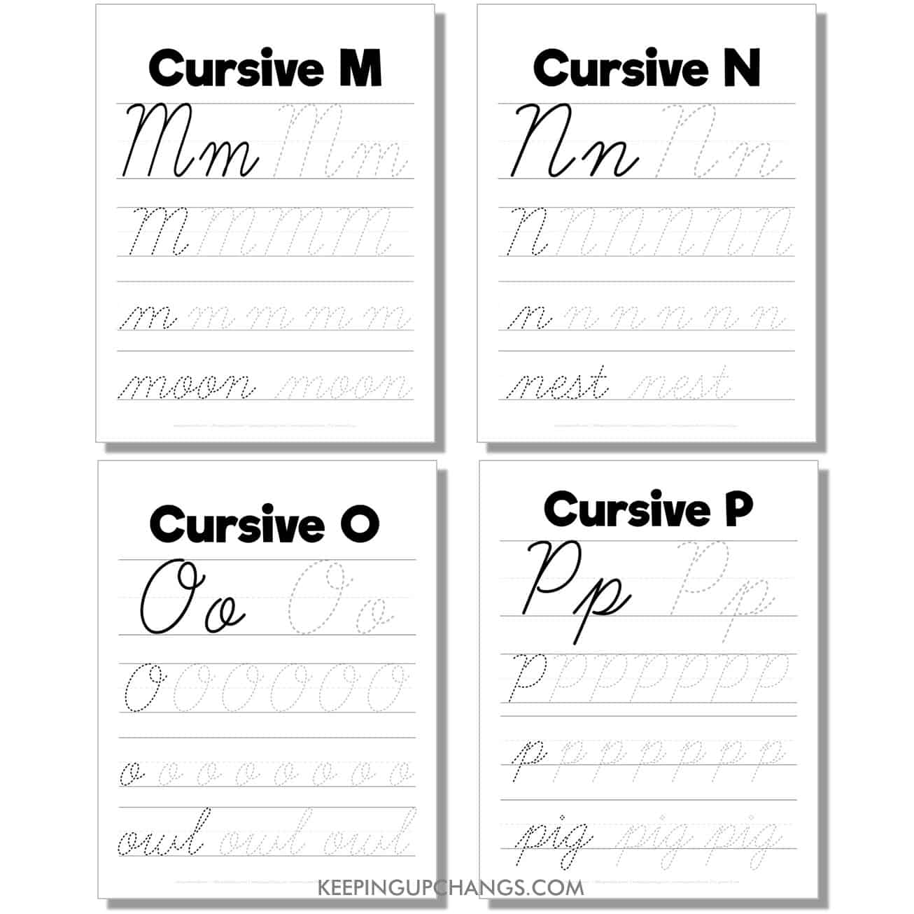 cursive worksheet with large uppercase, lowercase letters, word for m, n, o, p.