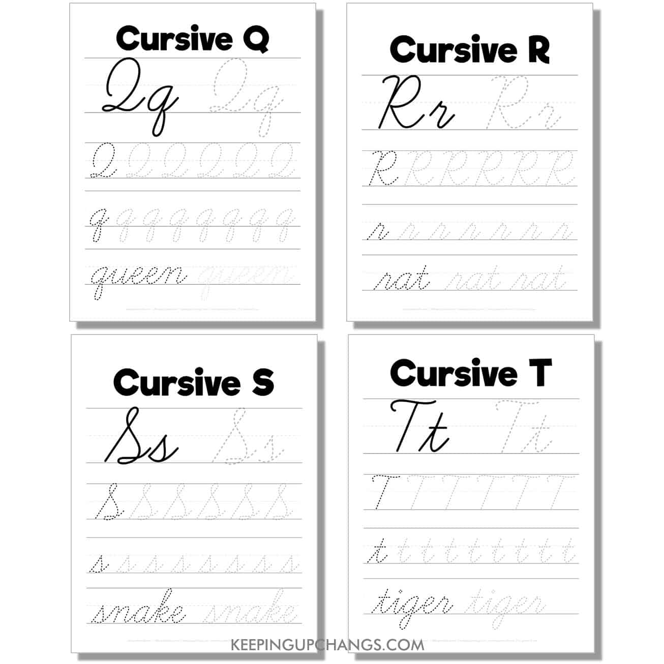 cursive worksheet with large uppercase, lowercase letters, word for q, r, s, t.