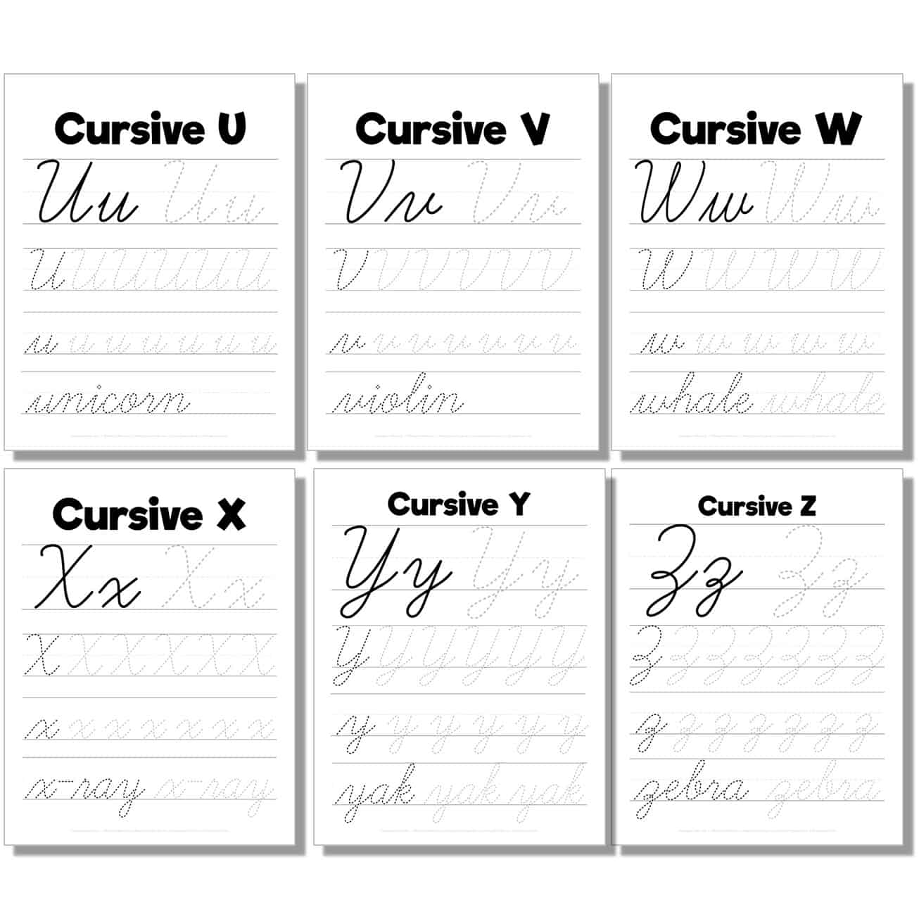 cursive worksheet with large uppercase, lowercase letters, word for u, v, w, x, y, z.