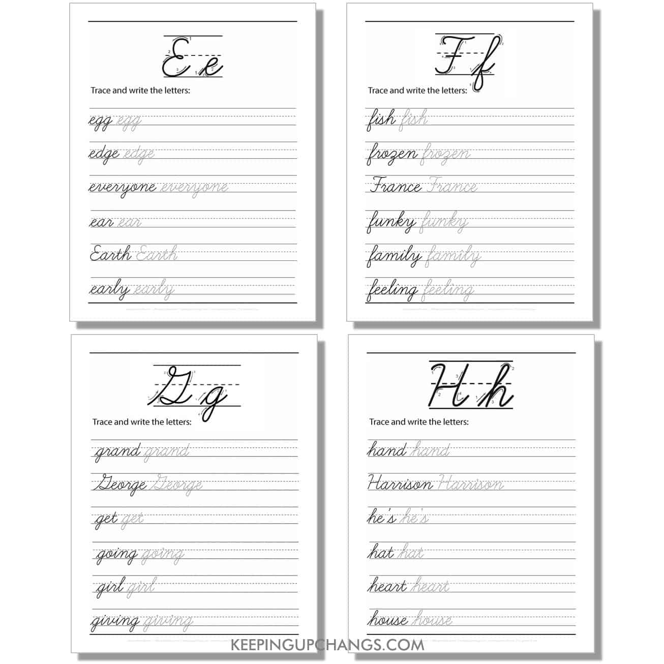 cursive worksheet with large uppercase, lowercase word for e, f, g, h.