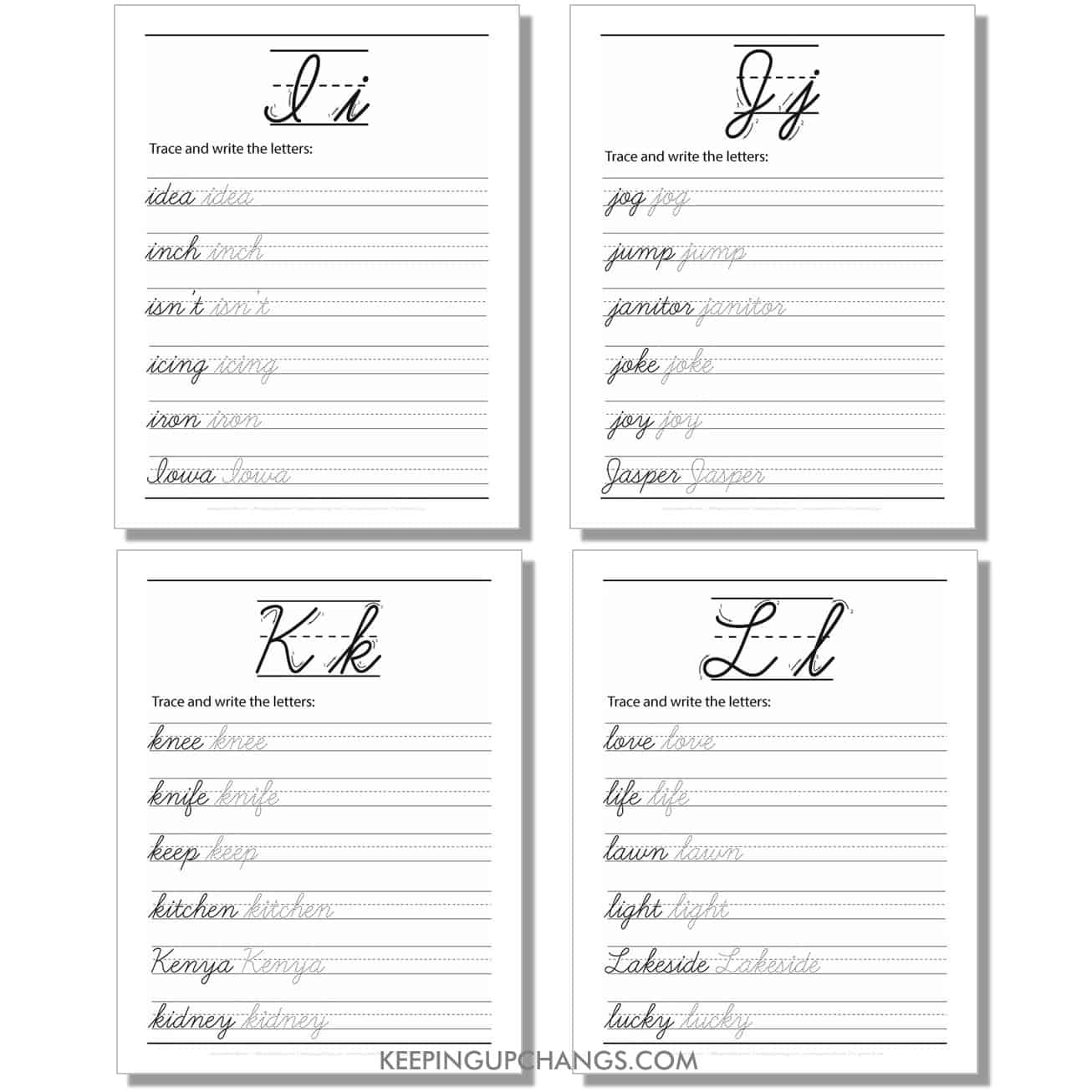 cursive worksheet with large uppercase, lowercase word for i, j, k, l.