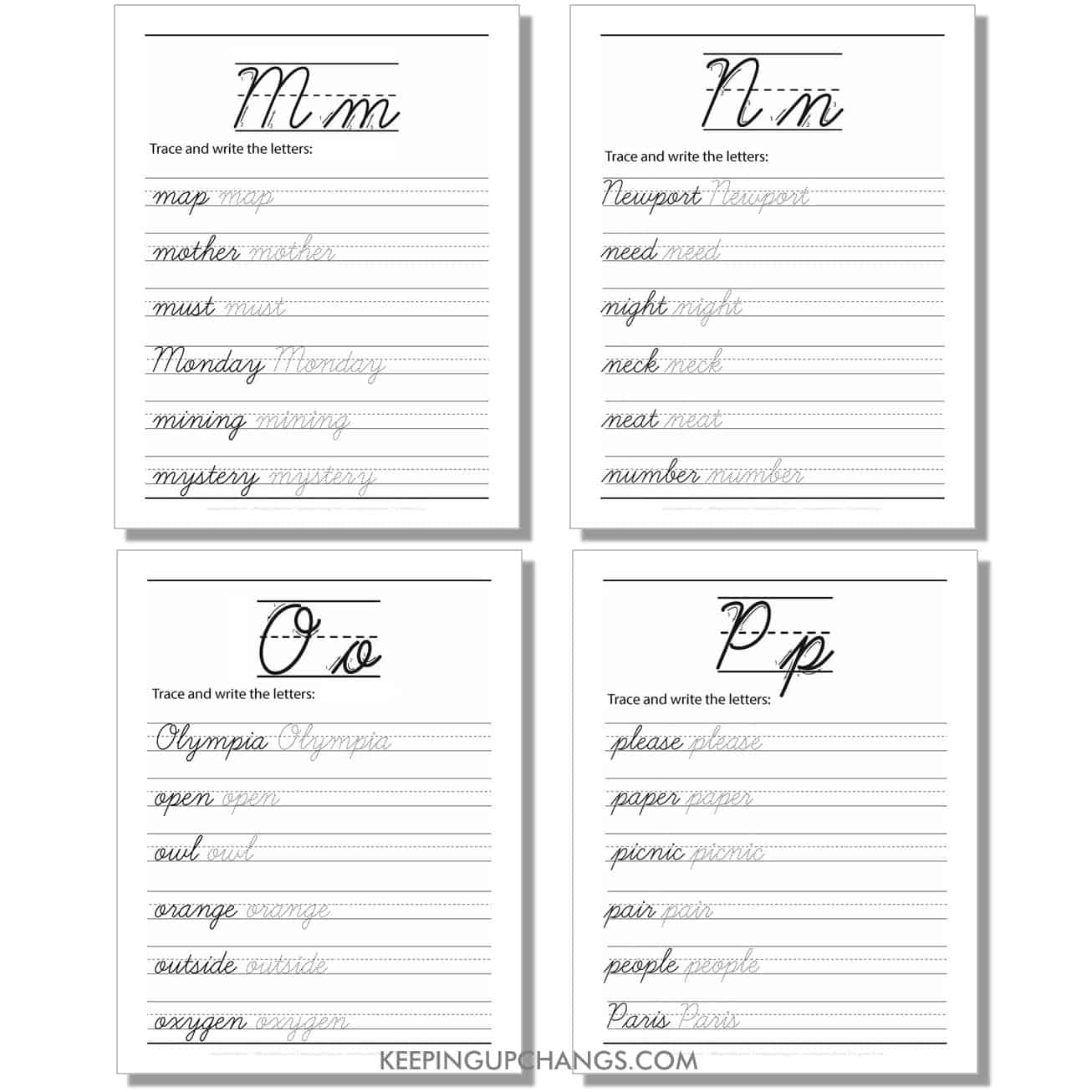 cursive worksheet with large uppercase, lowercase word for m, n, o, p.