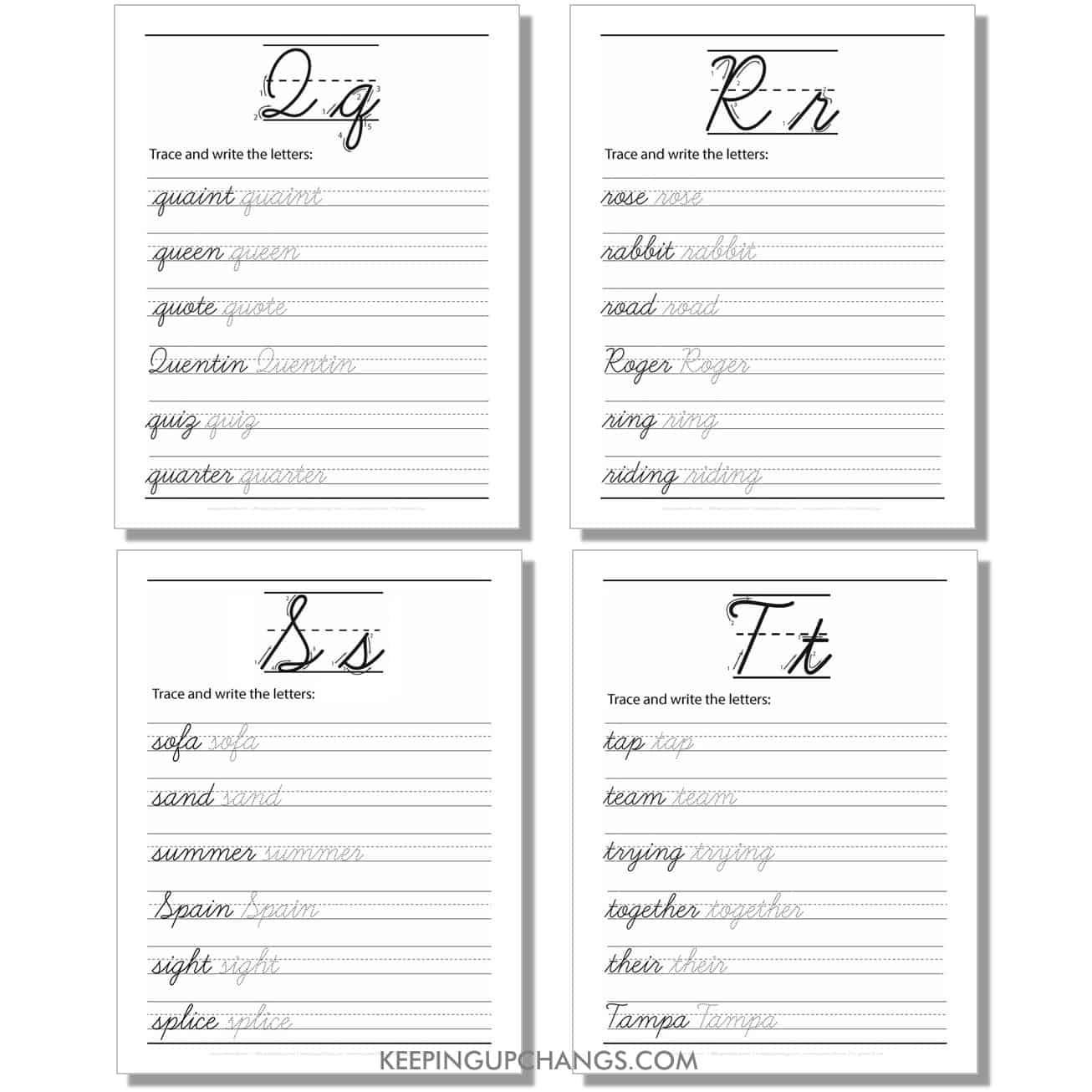 cursive worksheet with large uppercase, lowercase word for q, r, s, t.