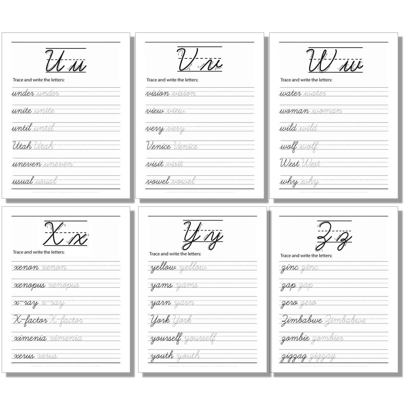 cursive worksheet with large uppercase, lowercase word for u, v, w, x, y, z.