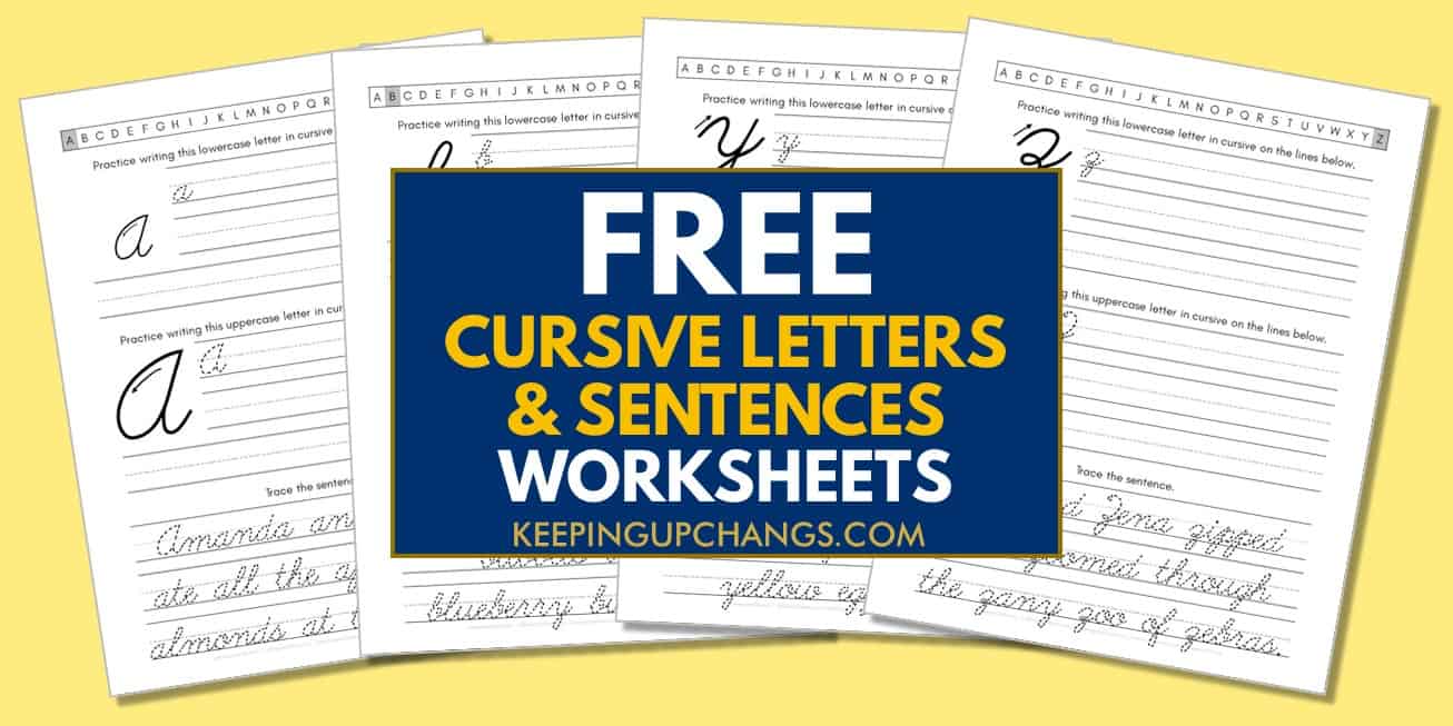 spread of cursive printables with alphabet letters and fun sentences for handwriting practice.