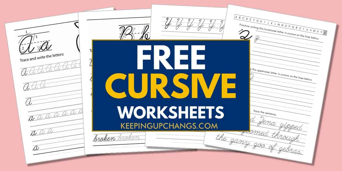 spread of cursive printable worksheets for handwriting practice.