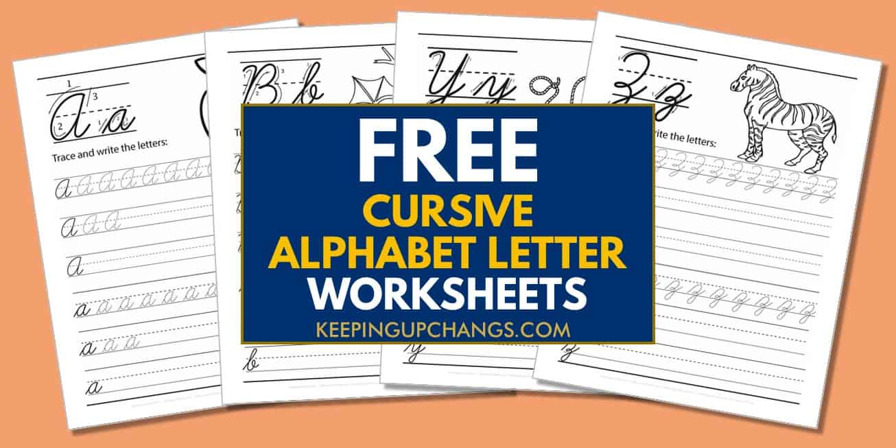 spread of cursive printables with pictures and letters for handwriting practice.