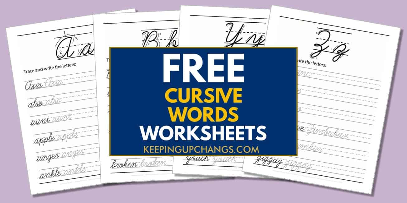 spread of cursive printables with words for handwriting practice.