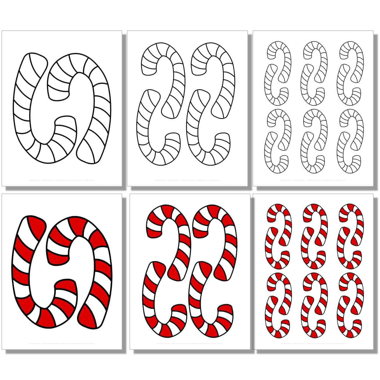 free small, medium, large curved candy cane template in black, white, color