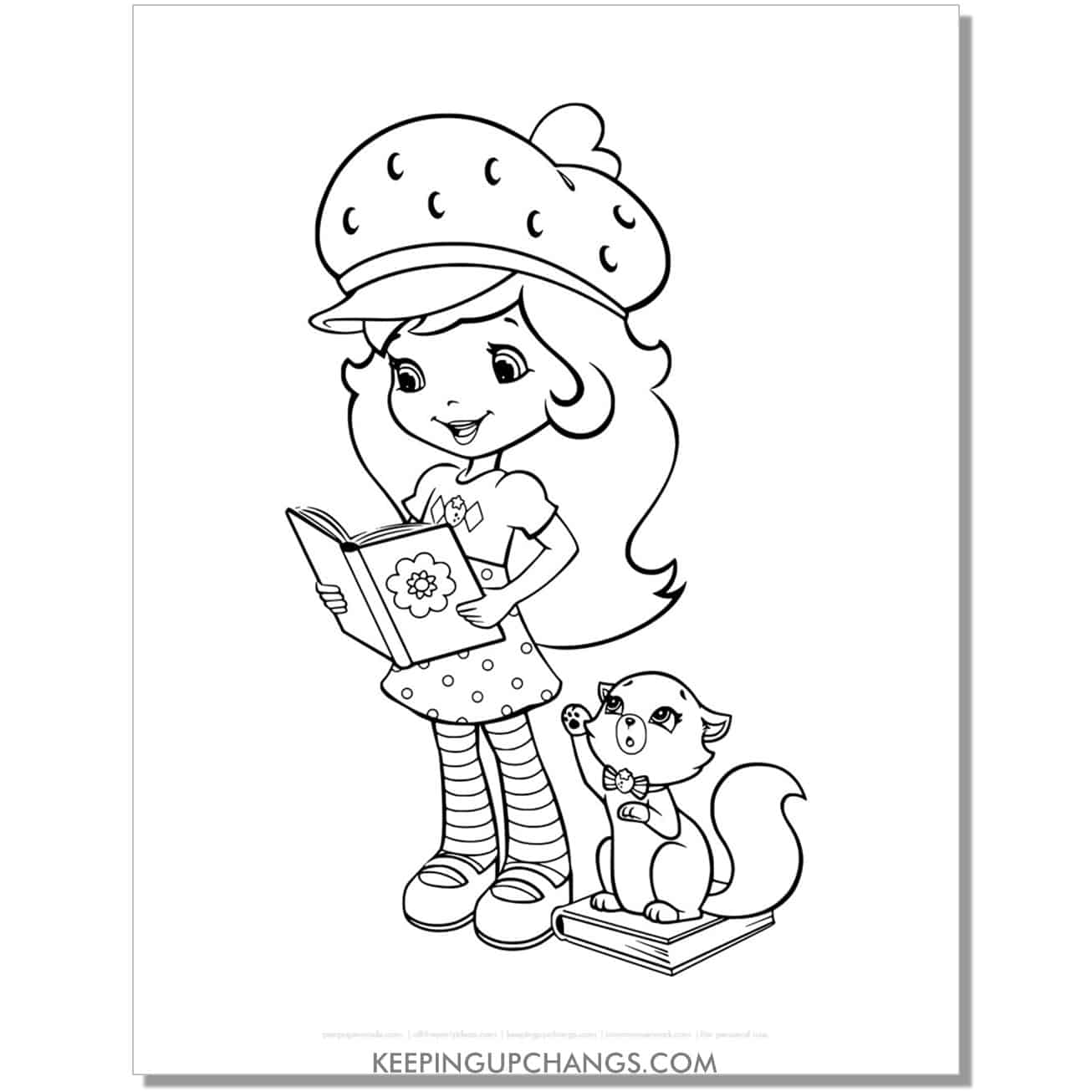 free reading book with custard cat strawberry shortcake coloring page, sheet.
