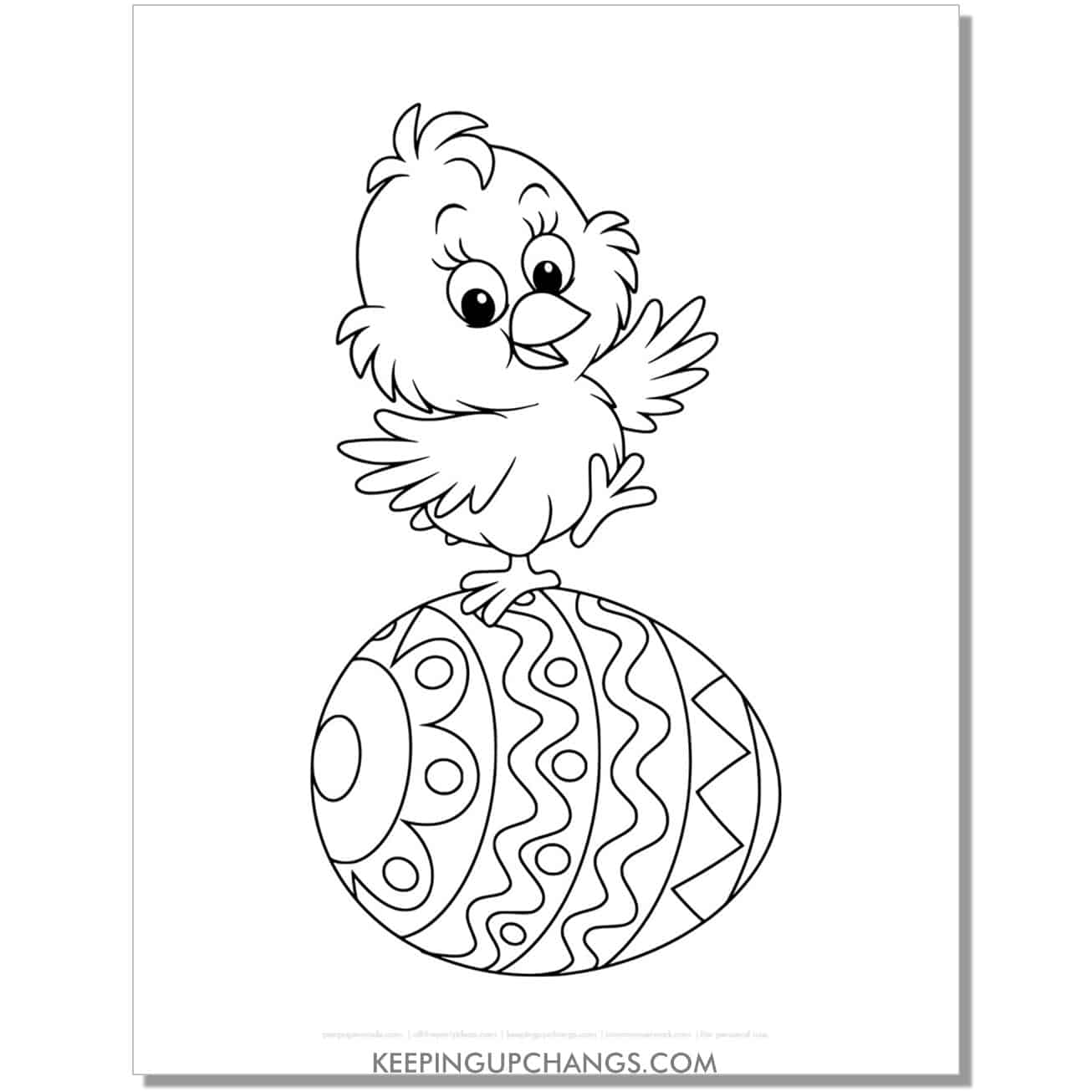 cute easter chick on egg coloring page, sheet.