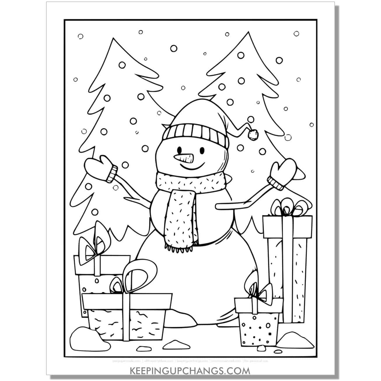 free detailed, full size snowman with presents coloring page.