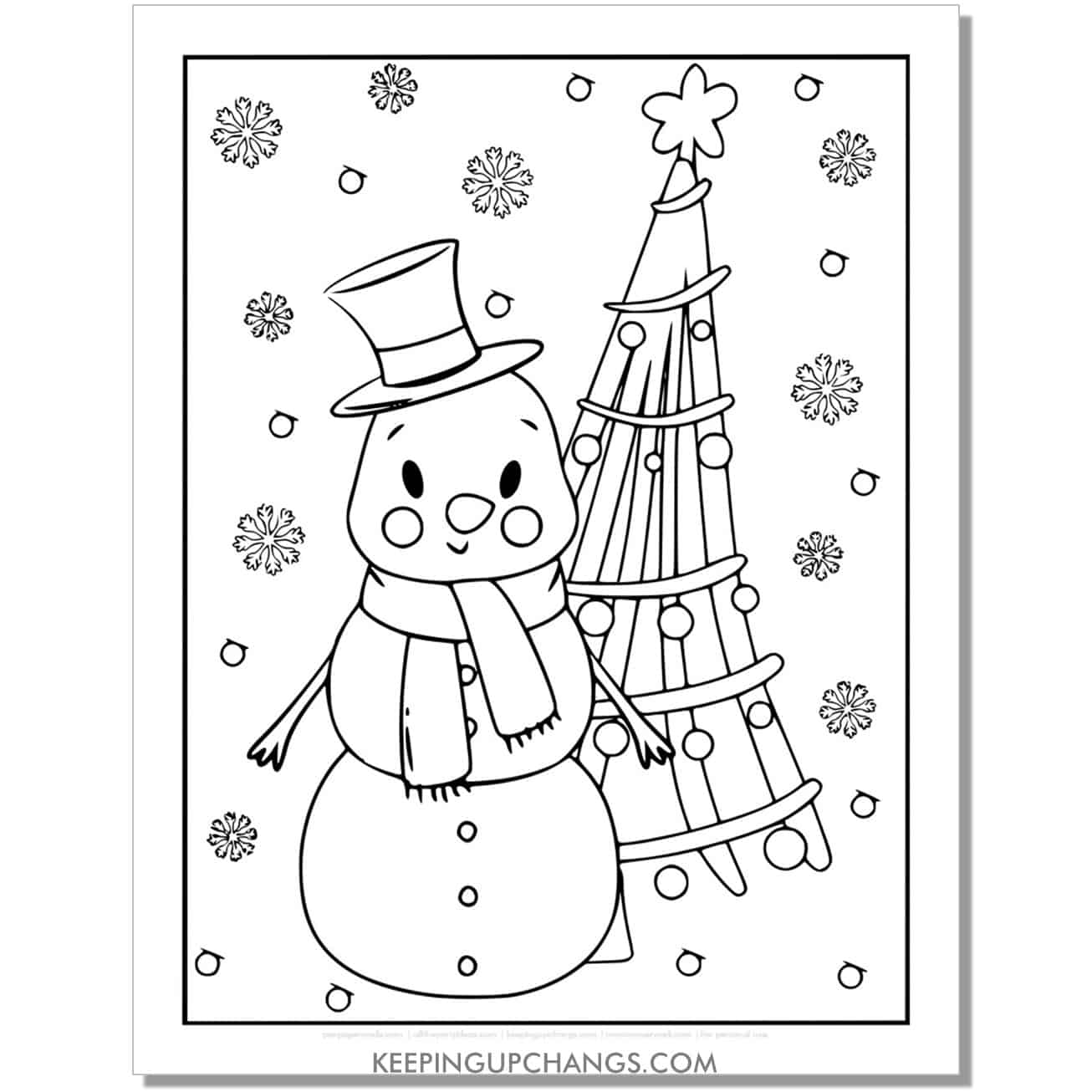 free detailed, full size snowman with christmas tree, snowflakes coloring page.