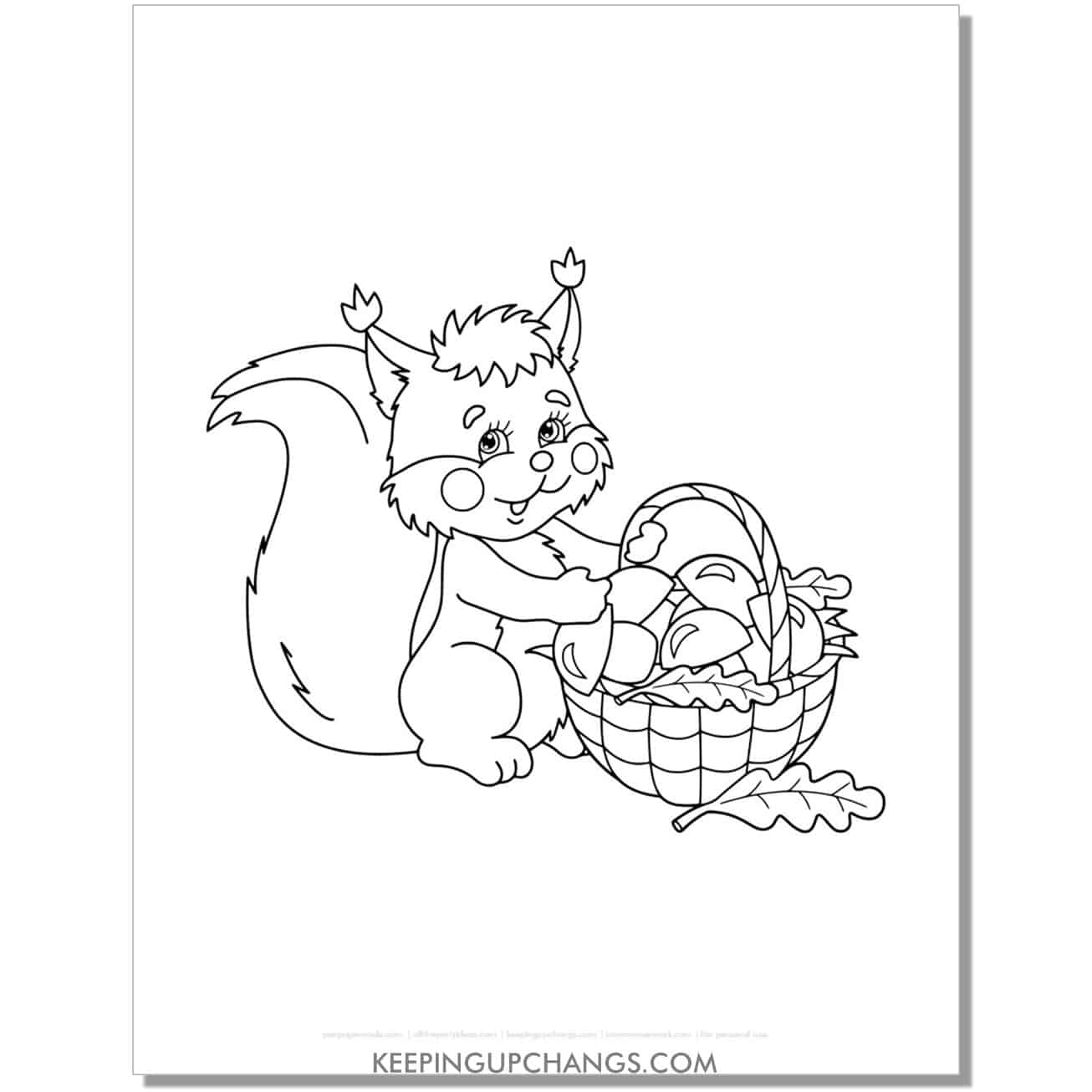 free cute autumn squirrel with basket of mushrooms coloring page, sheet.
