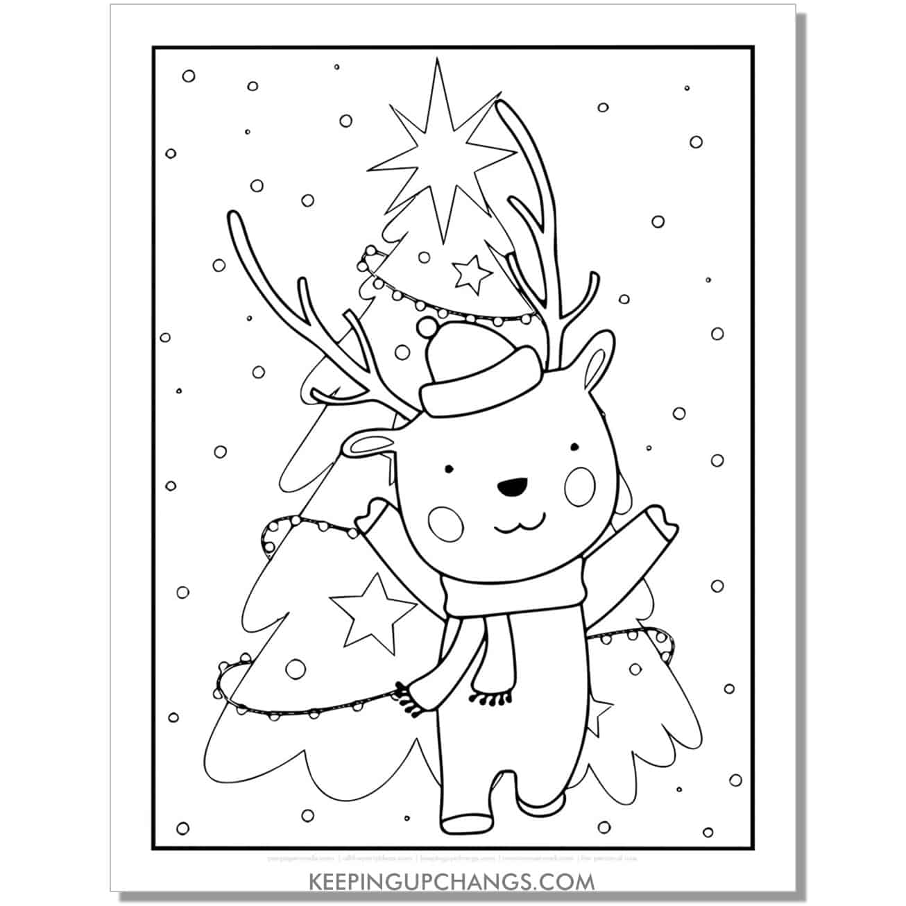 free full size cute reindeer with tree coloring page.