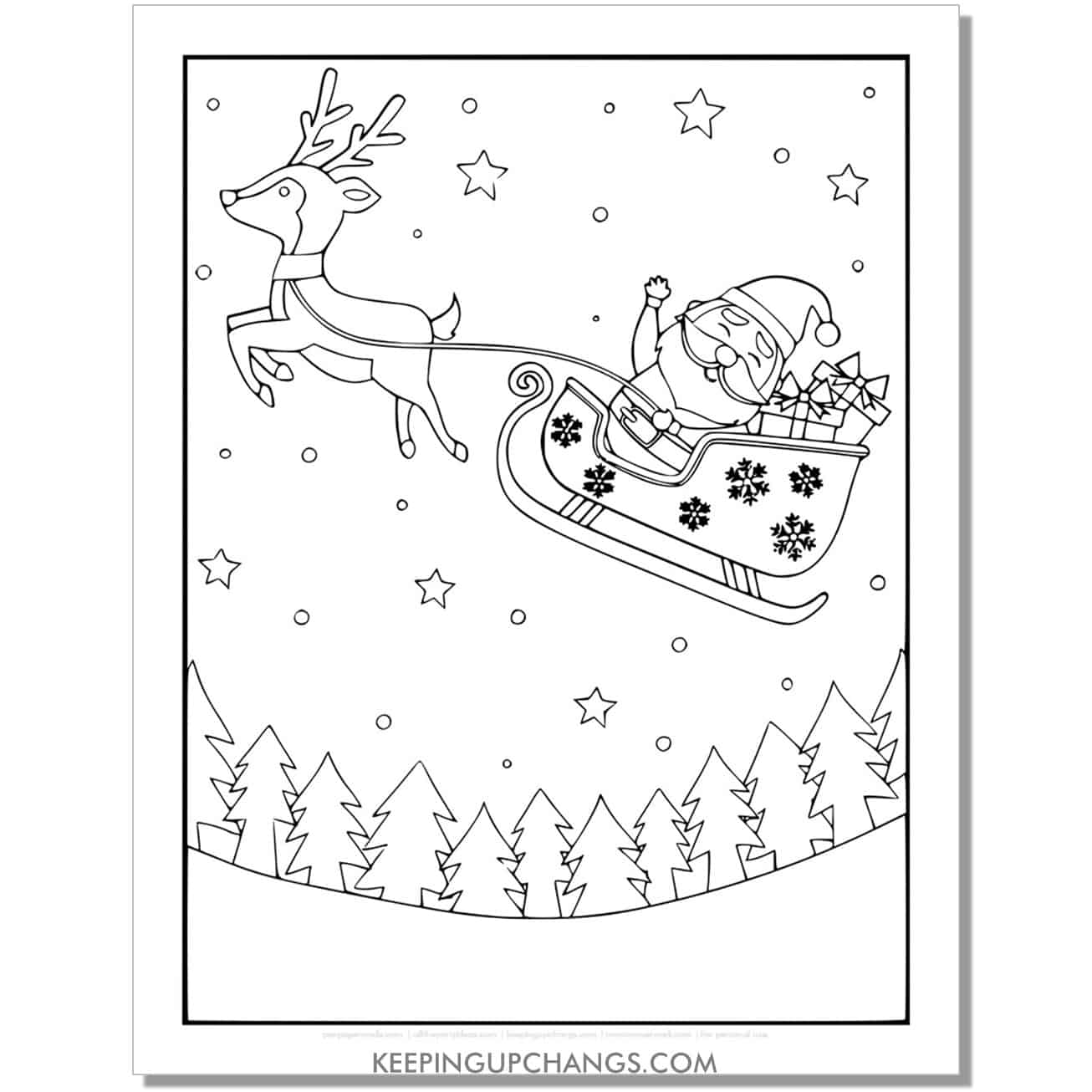 free full size reindeer pulling Santa into sky coloring page.