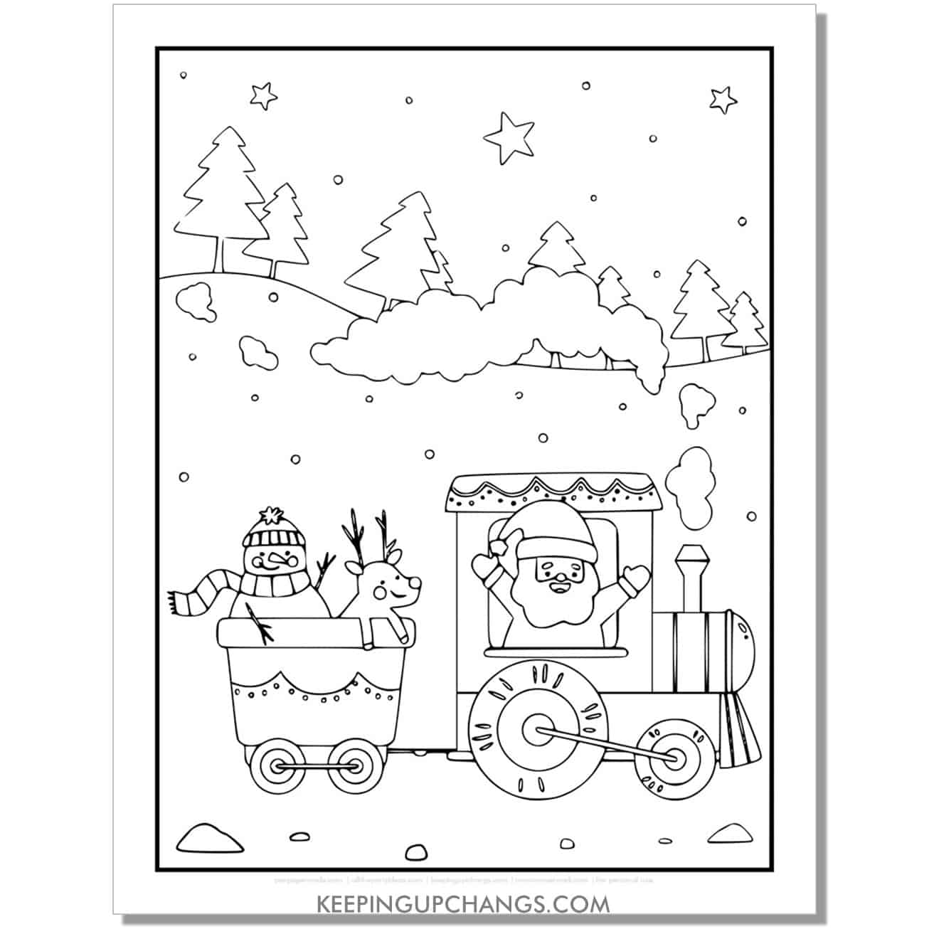 free full size Santa, snowman reindeer Christmas train coloring page.