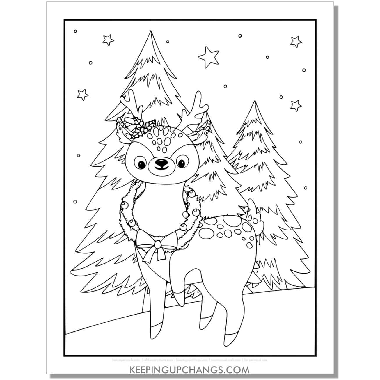 free full size reindeer with wreath around neck coloring page.