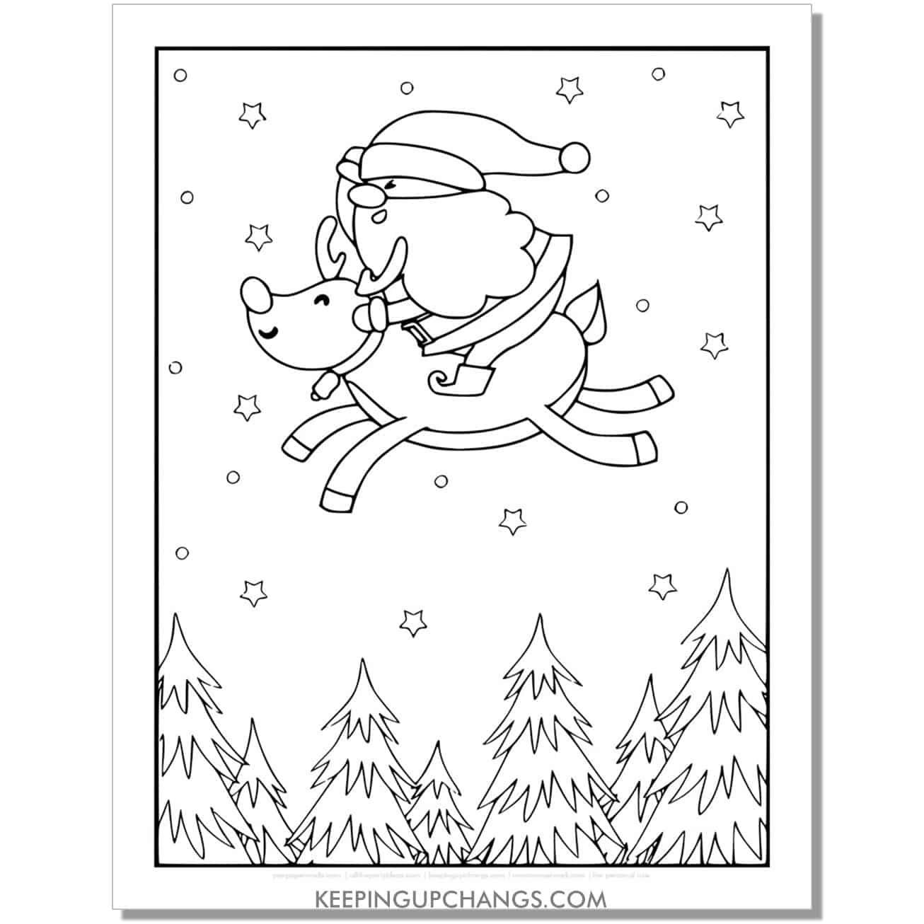 free full size Santa riding on Rudolph reindeer in sky coloring page.