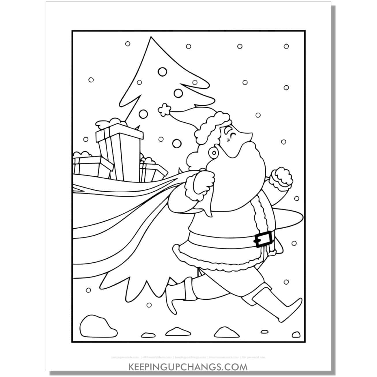 free full size santa with toy sack and tree coloring page.
