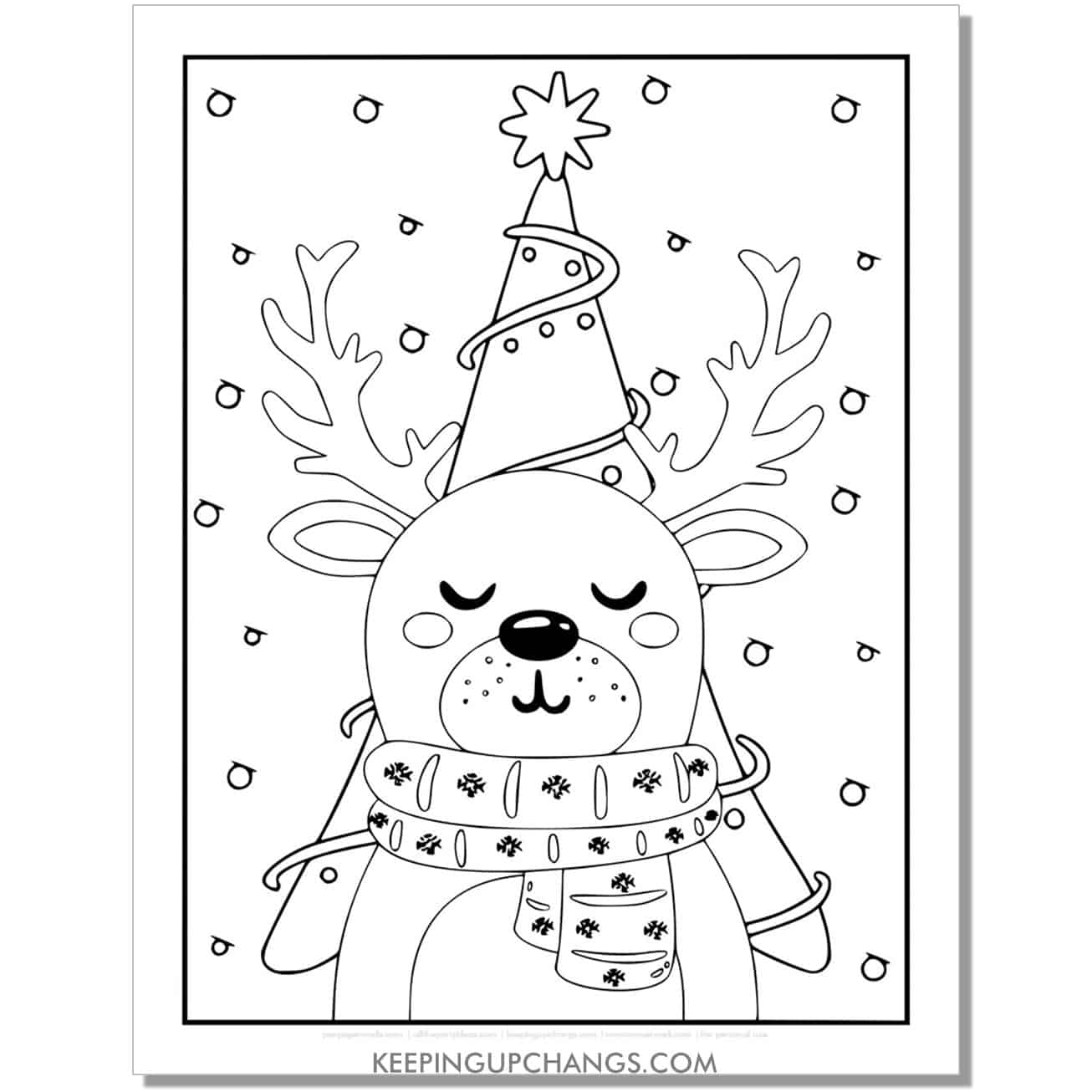 free full size reindeer with Christmas tree coloring page.