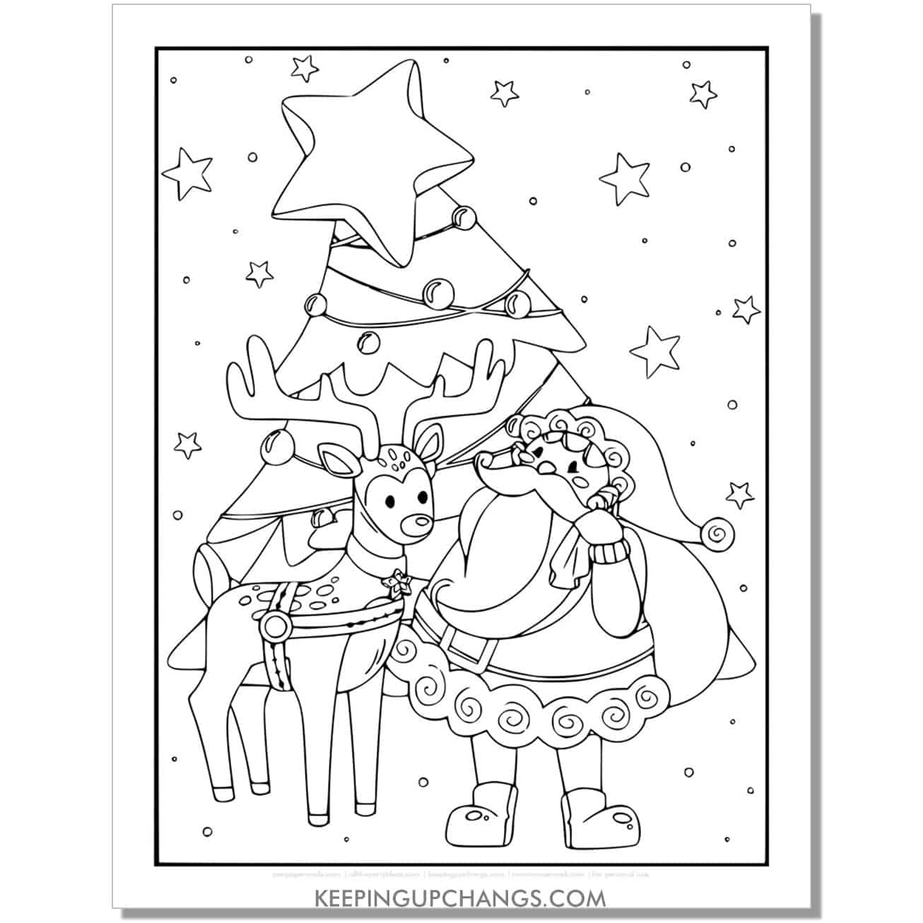 free full size vintage reindeer with Santa coloring page.