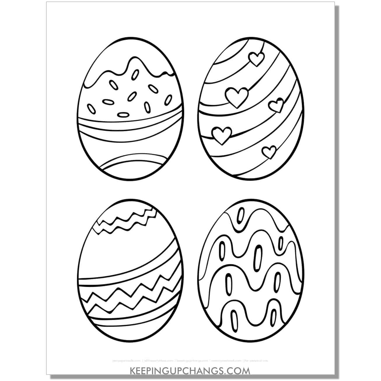 free medium easter eggs with hearts, zigzag, sprinkles coloring page, sheet.