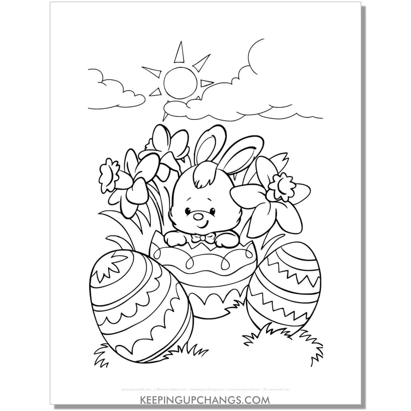 chibi easter bunny with sun, clouds coloring page, sheet