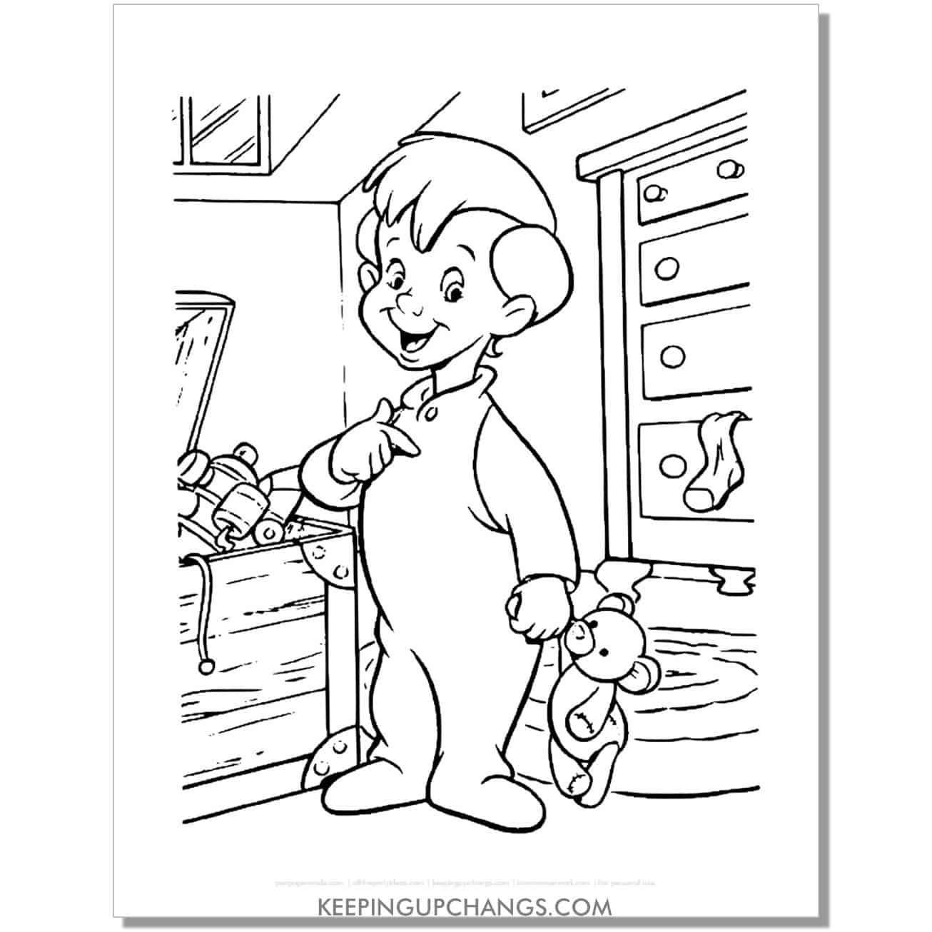 michael darling holding teddy bear coloring page, sheet.