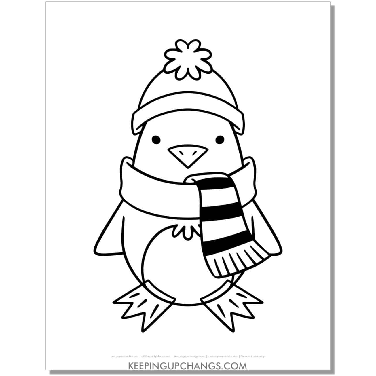 free adorable penguin with striped scarf and beanie coloring page.