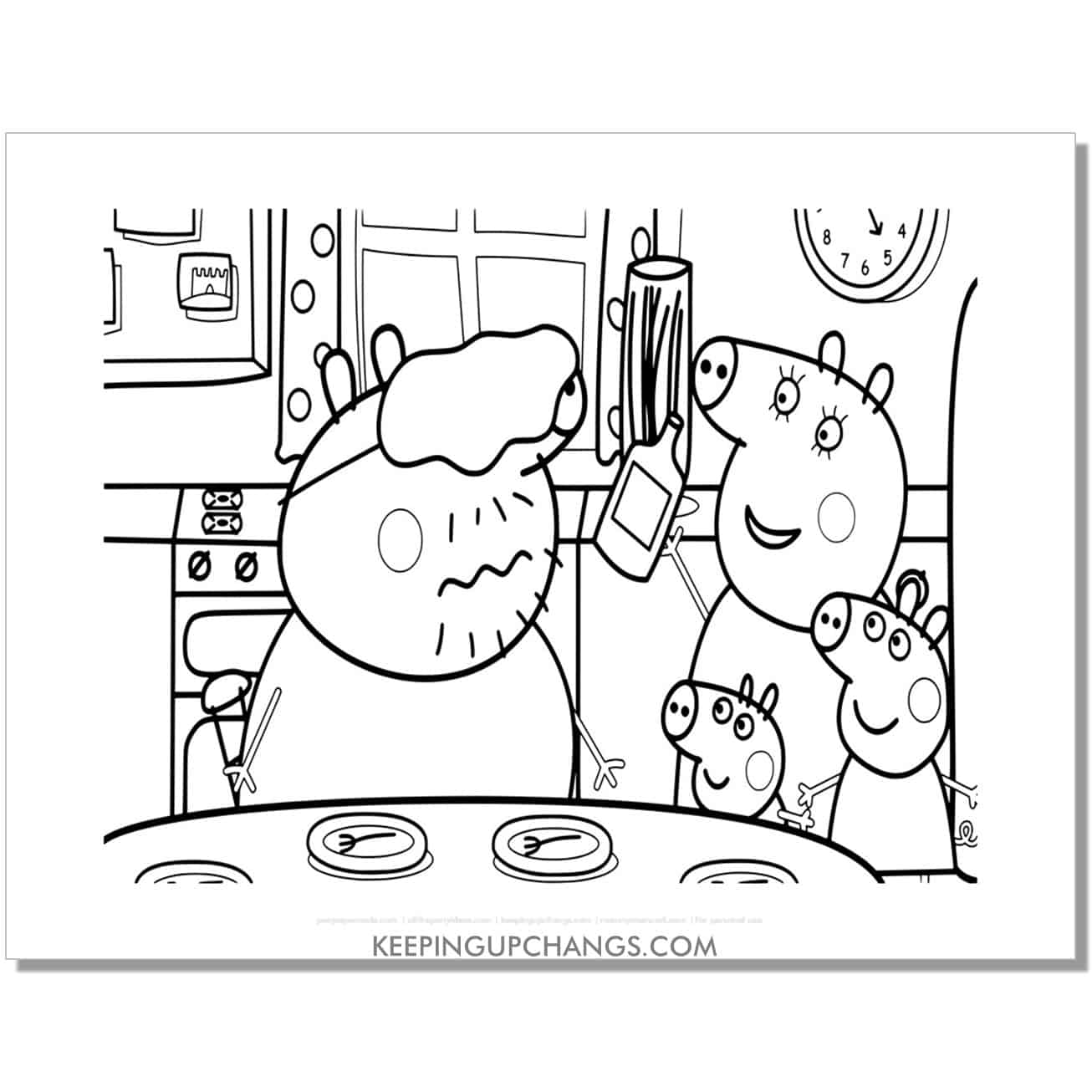 free family dinner peppa pig coloring page, sheet.