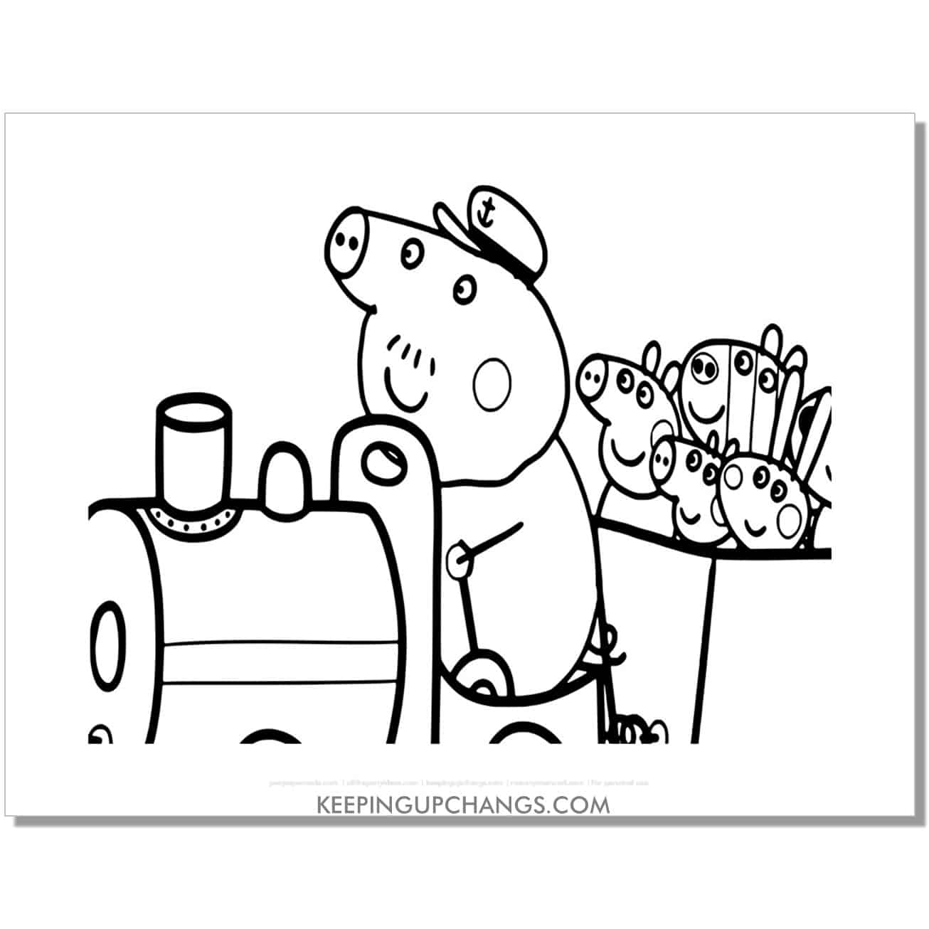 free daddy takes peppa pig's friends on a train ride coloring page, sheet.