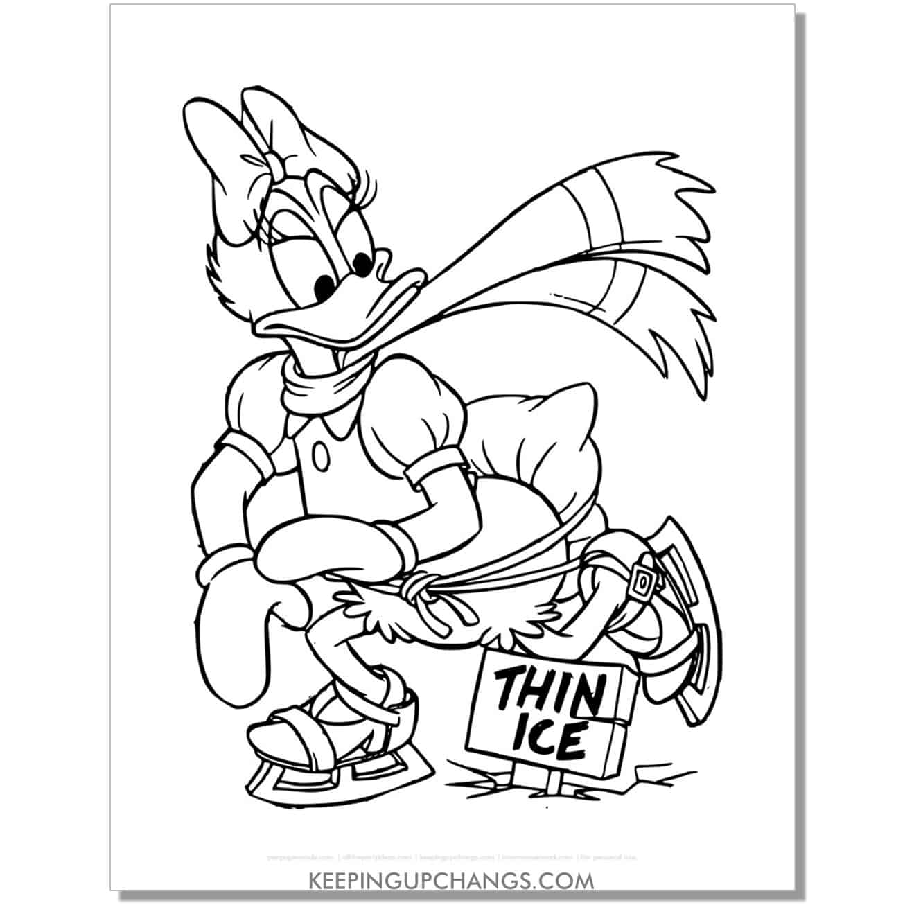 free daisy duck ice skating coloring page, sheet.