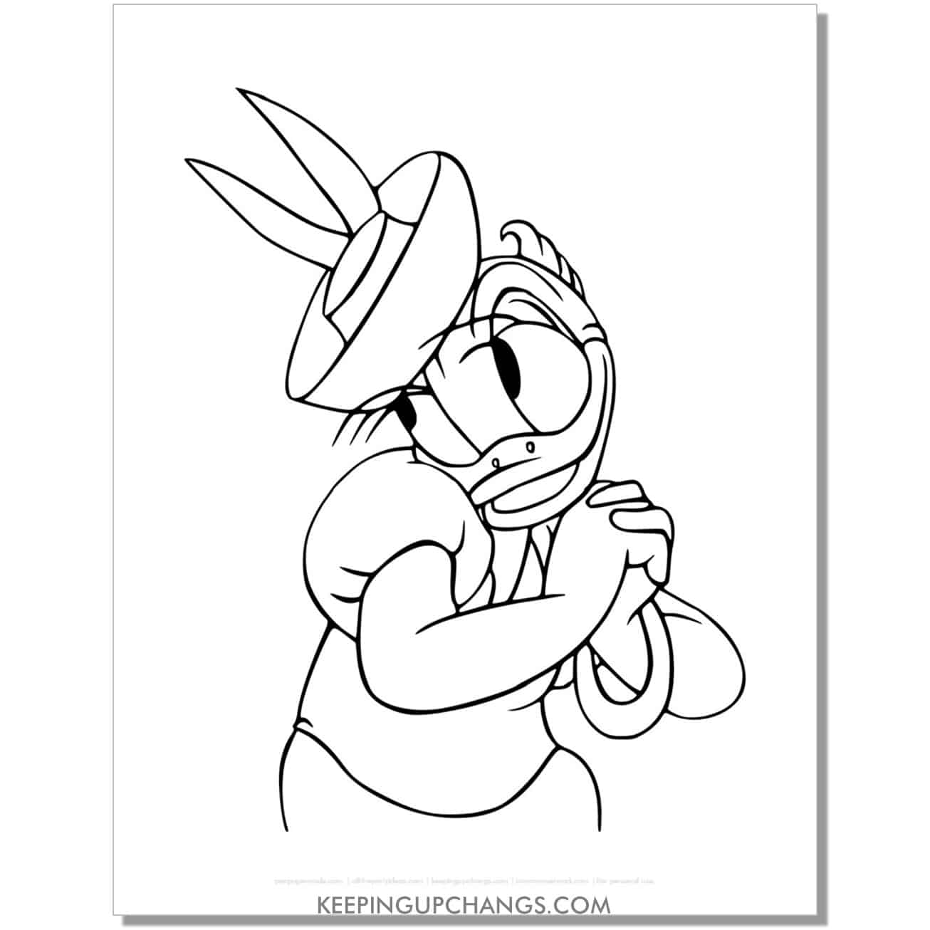free daisy duck with hands together coloring page, sheet.
