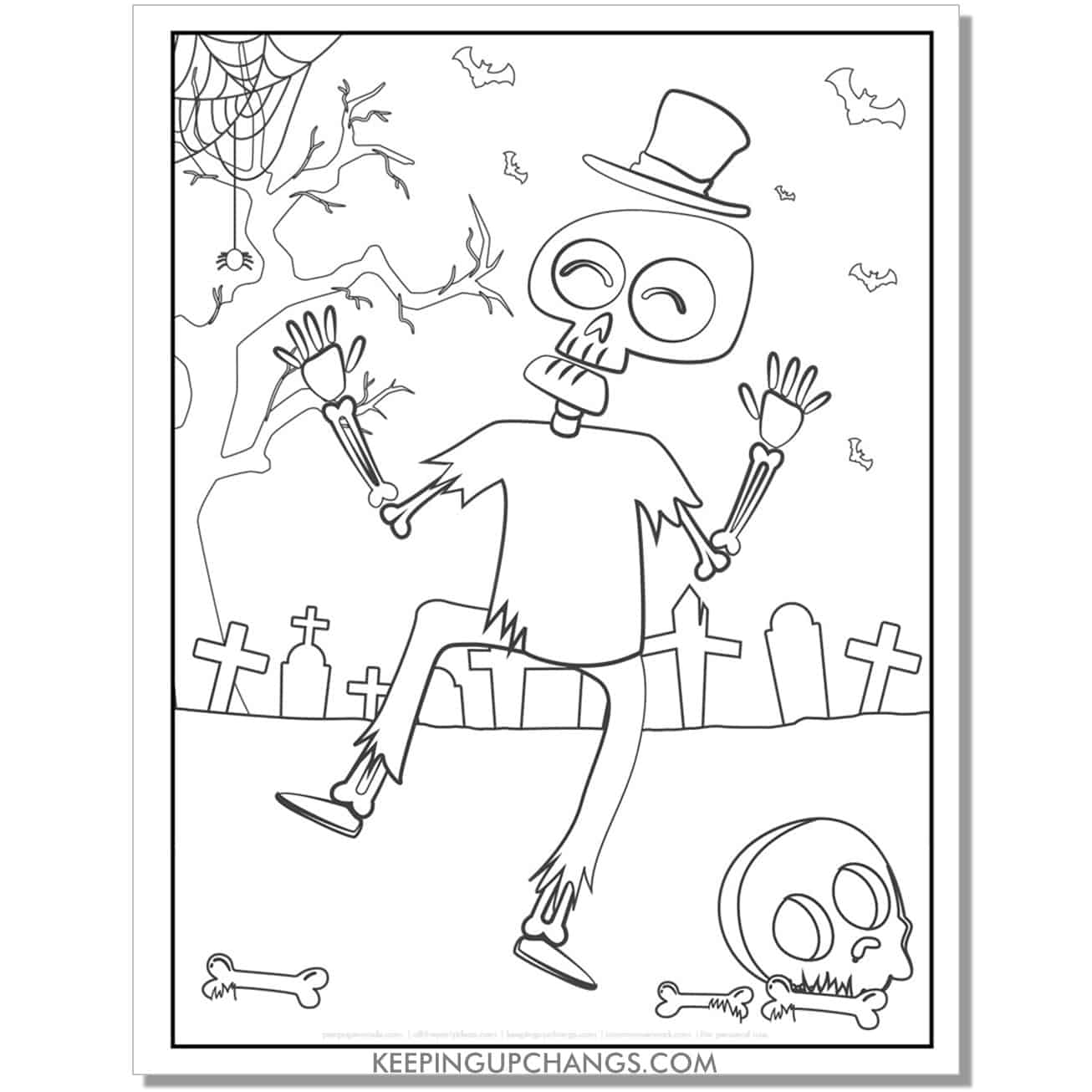 free happy, dancing skeleton full size halloween coloring page.