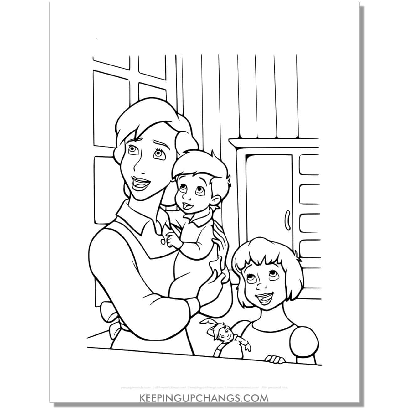 danny and jane darling looking out window with mother wendy coloring page, sheet.