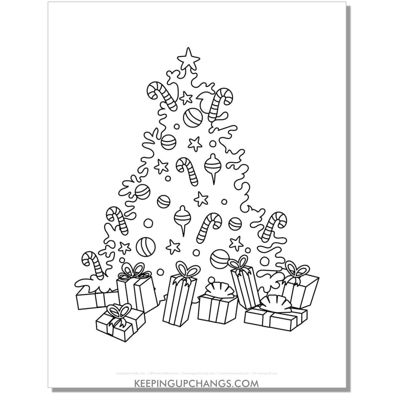 free decorated christmas tree with presents coloring page.