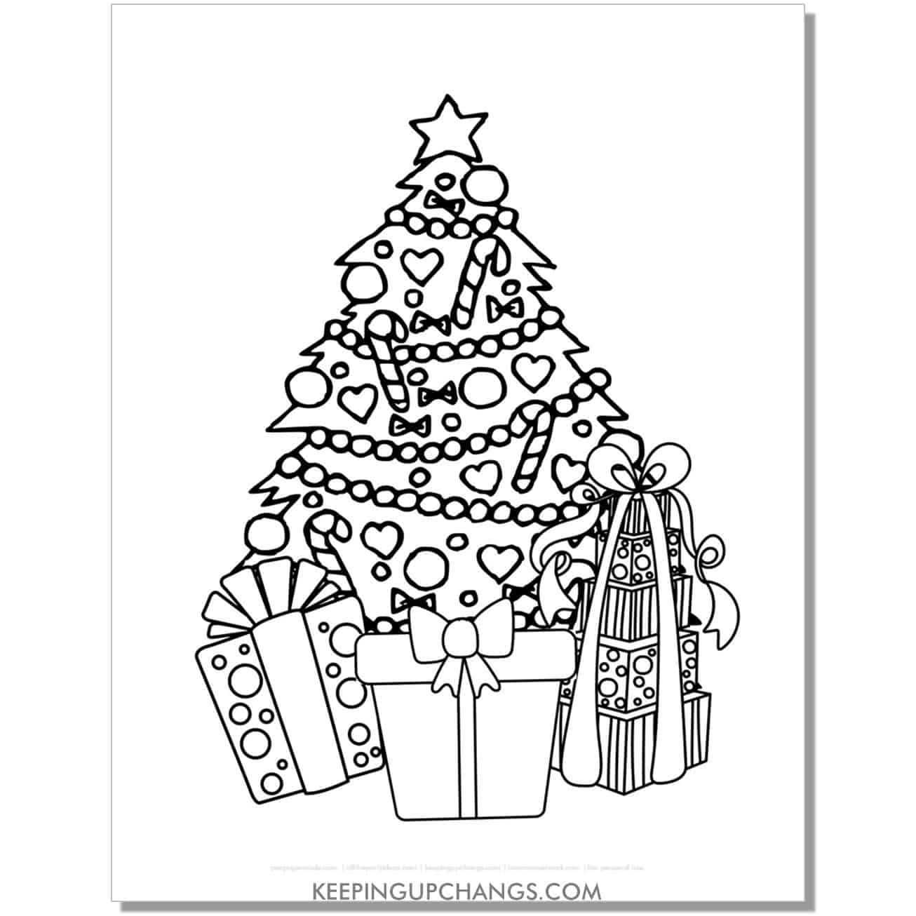 free hand drawn christmas tree with stacks of presents coloring page.