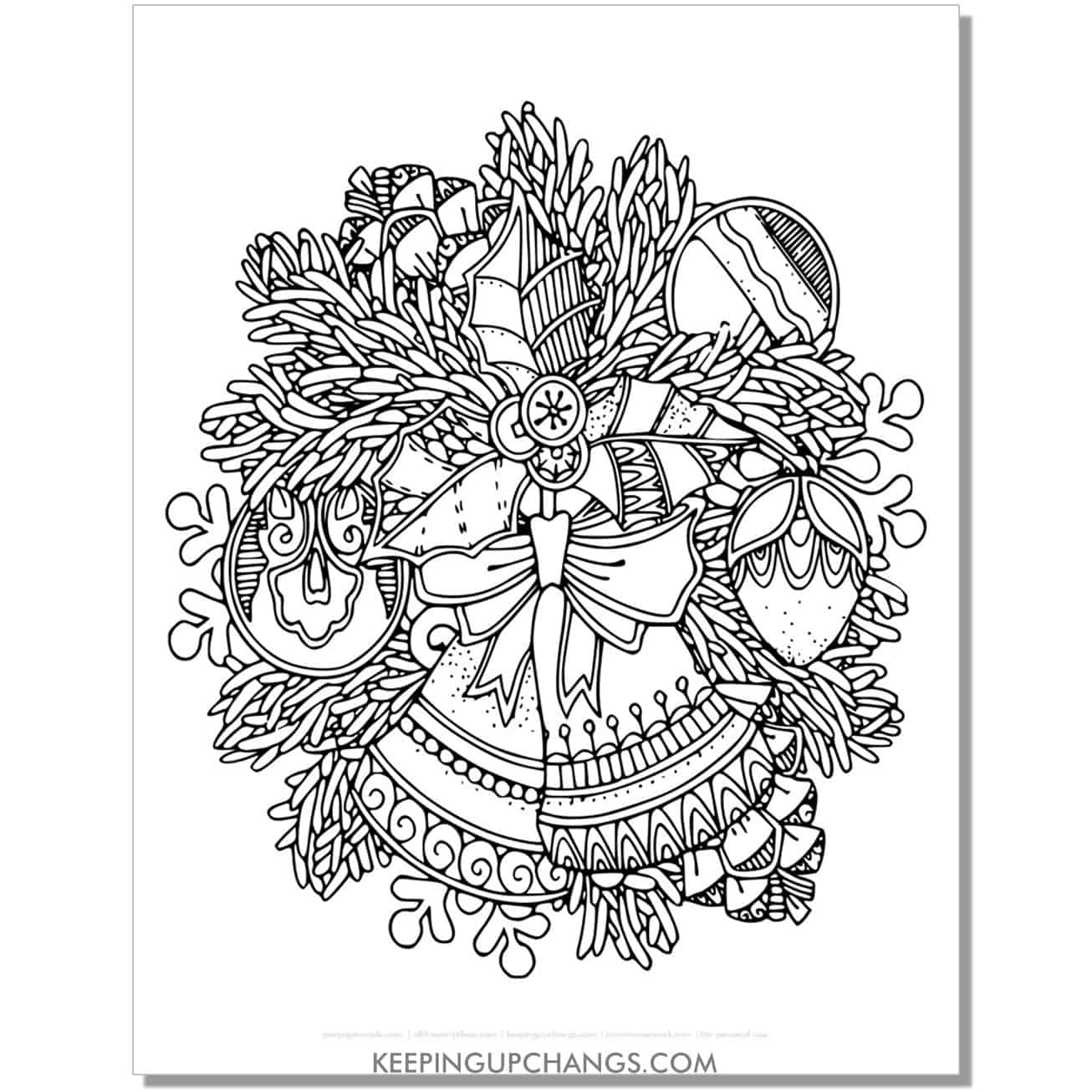 free jingle bells, pine, ornaments adult christmas coloring page.