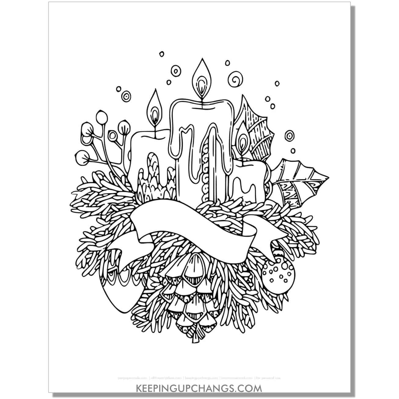 free advent candle with pines, leaves, berries adult christmas coloring page.
