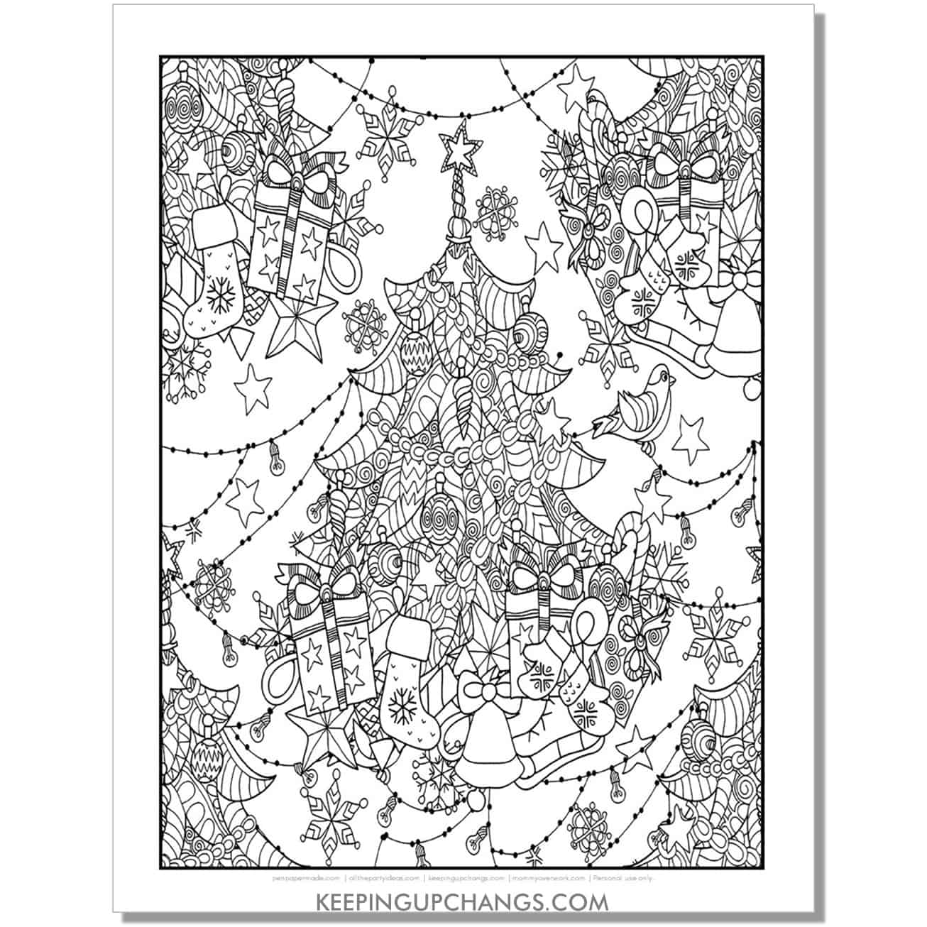free complicated christmas tree scene detailed adult christmas coloring page.