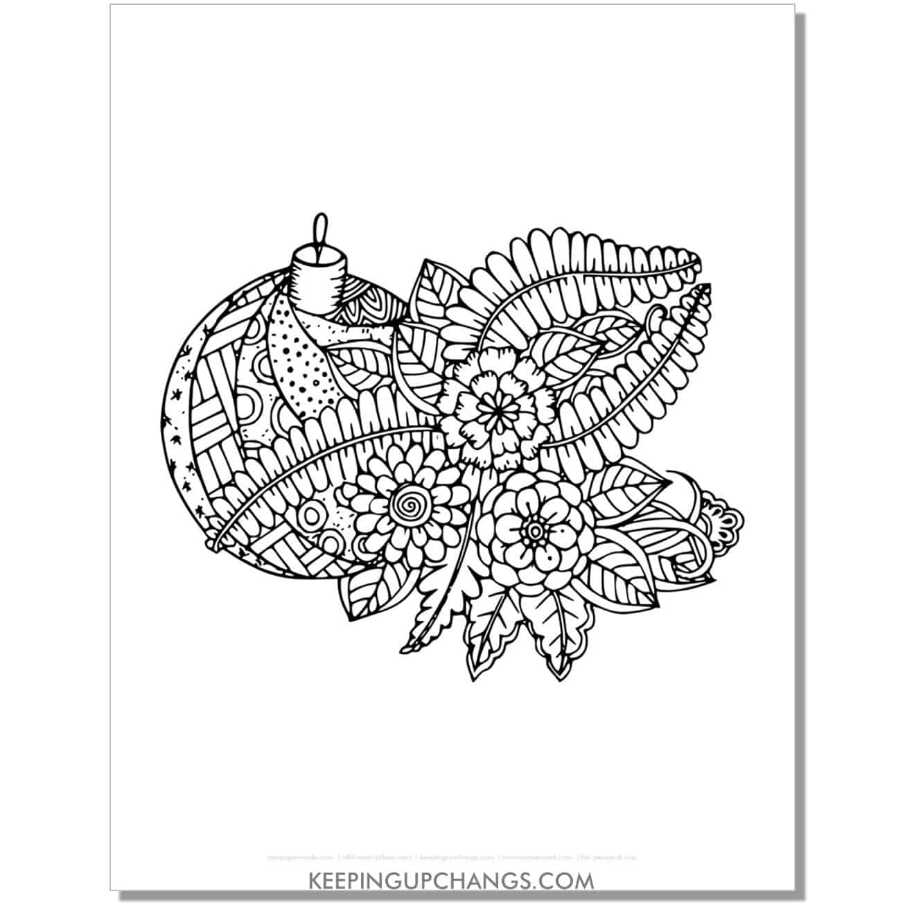 free zentangle ornament with flowers adult christmas coloring page.