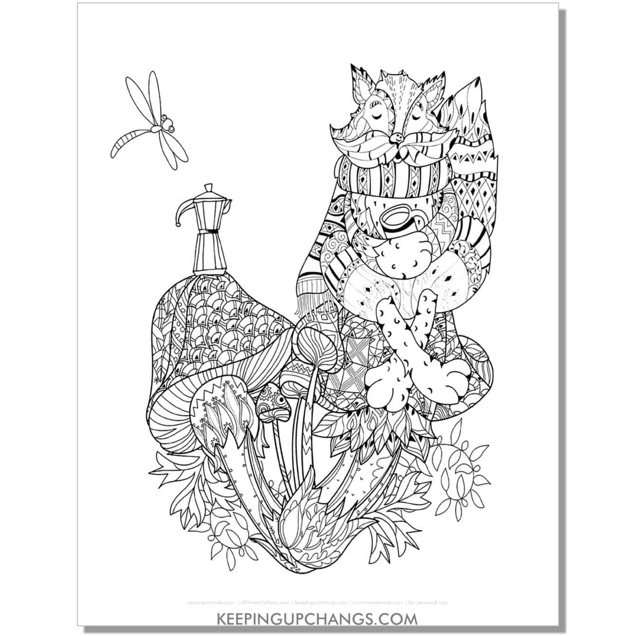 free vintage fox in scarf with mushrooms adult christmas coloring page.